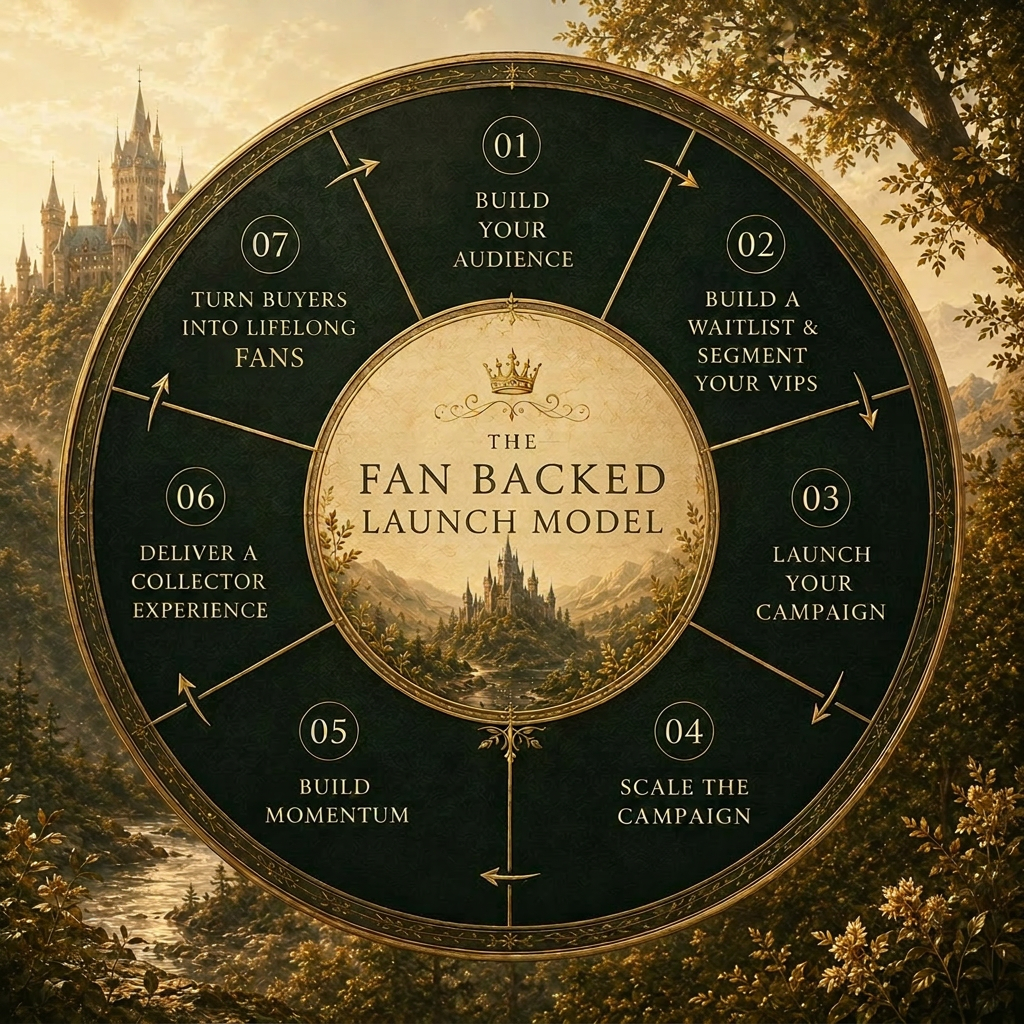 The Fan Backed Flywheel: 1 Build Your Audience, 2 Build a Waitlist & Segment Your VIPs, 3 Launch Your Campaign, 4 Scale the Campaign, 5 Build Momentum, 6 Deliver a Collector Experience, 7 Turn Buyers Into Lifelong Fans
