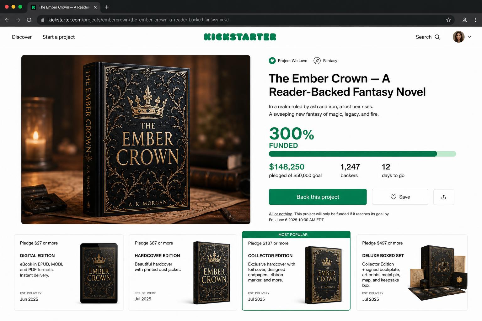 Kickstarter campaign page showing 300% funded with $148,250 pledged of a $50,000 goal