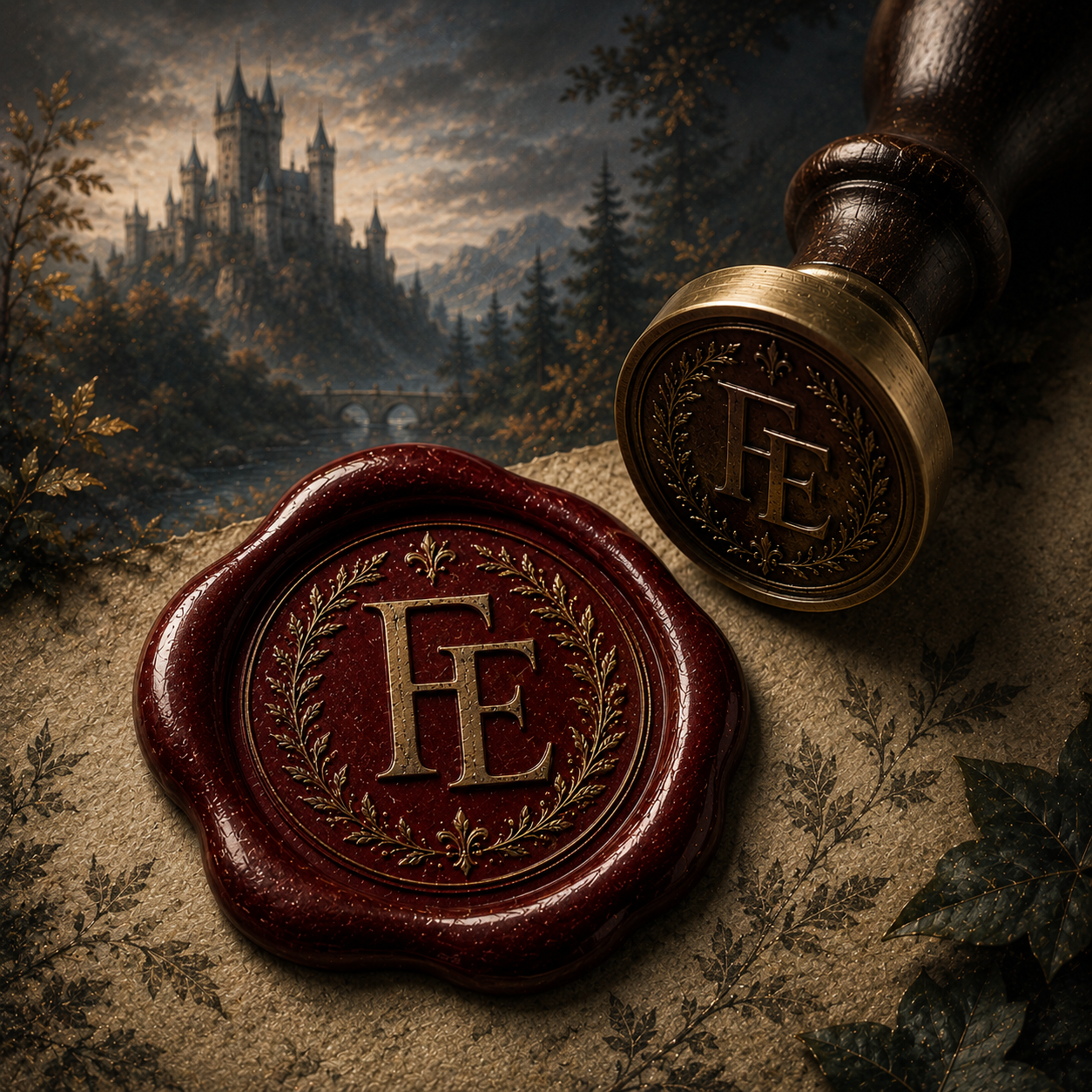 A crimson wax seal beside a moody atmospheric scene